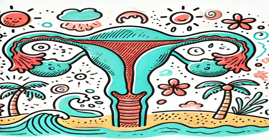 Colorful doodle-style illustration of a female uterus with tropical beach elements, highlighting areas where endometriosis typically occurs. The design is clean and professional, making it suitable for a healthcare-related blog post.