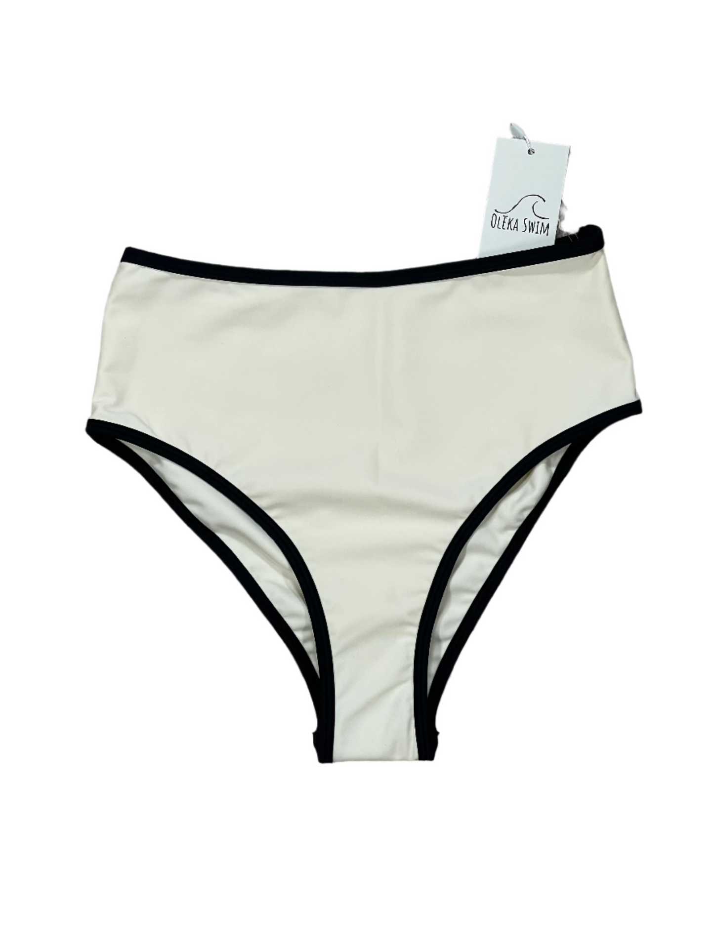 A cream-colored high-waisted Kona bikini bottom with black trim. The bottom is displayed flat on a white background with a tag attached, labeled 'Oleka Swim.